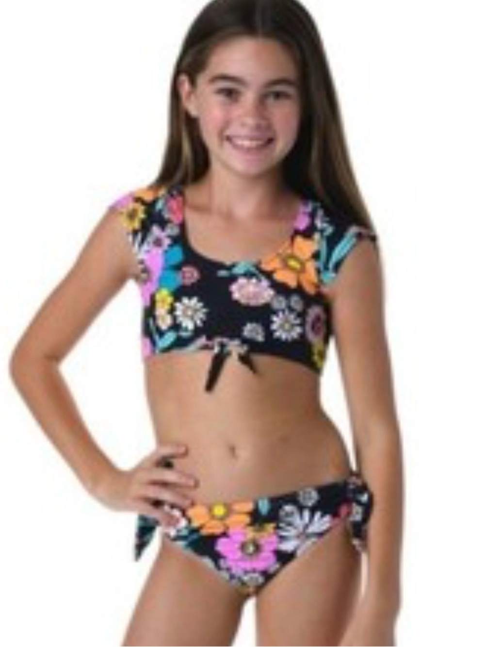 Hobie Black Floral Kids Swim Bikini with Pink, Yellow & Orange Flowers 10 NWT
